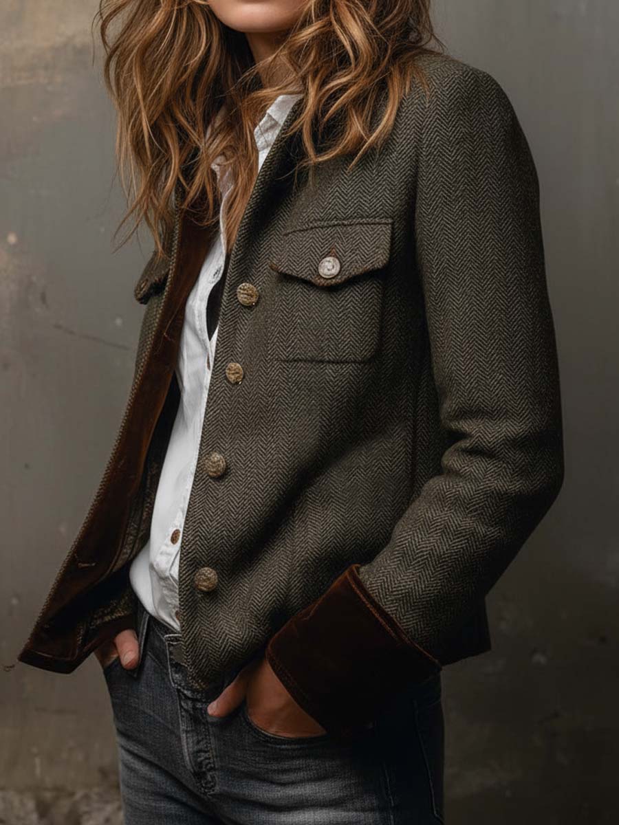 Honorine | Blazer Vintage Espiguilla con Ribetes Contrastantes