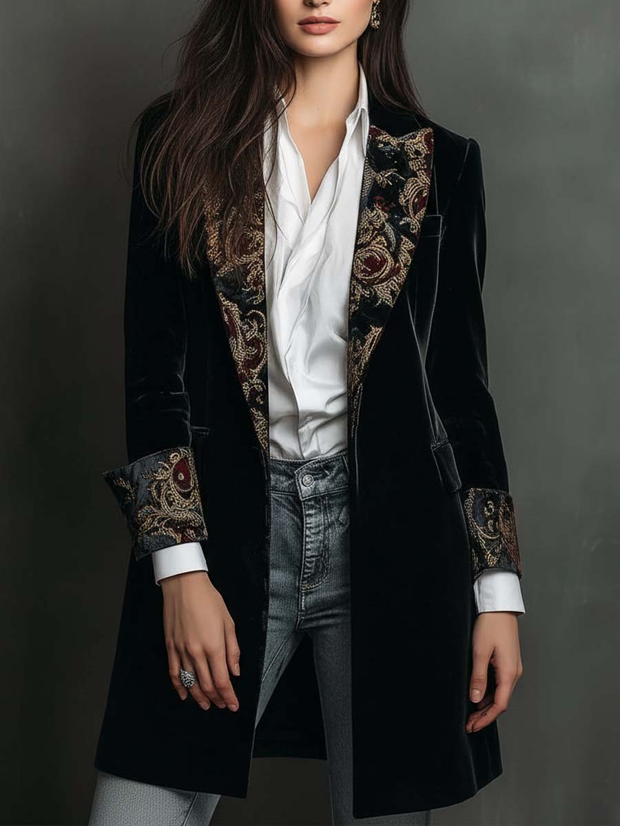 Léontine | Blazer Justo com Estampa Barroca Preta