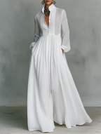 Elisa – Exclusiva Maxi Minimalista de Algodón con Patchwork, Cuello Alto y Mangas Largas