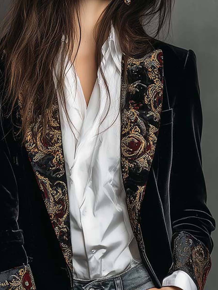 Léontine | Blazer Justo com Estampa Barroca Preta