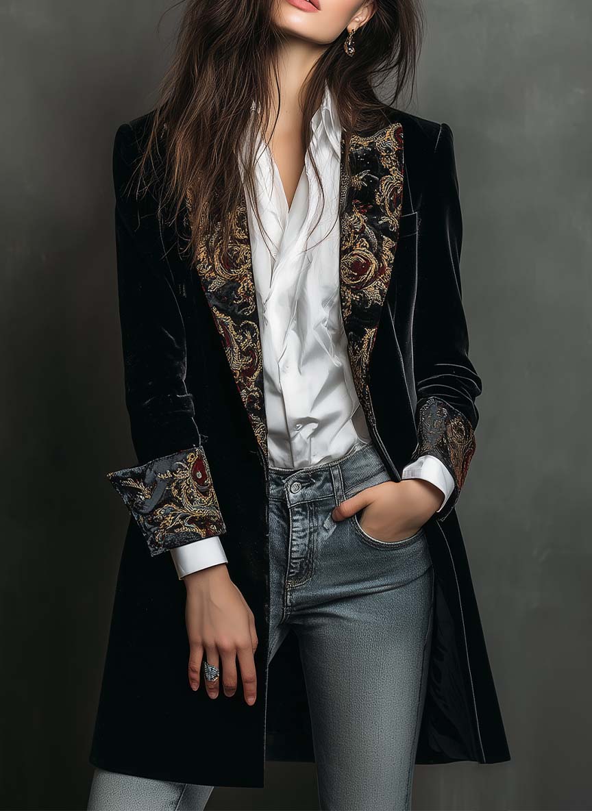 Léontine | Blazer Justo com Estampa Barroca Preta