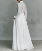 Elisa – Exclusiva Maxi Minimalista de Algodón con Patchwork, Cuello Alto y Mangas Largas