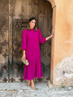 Andrea | Vestido comprido de gaze com folho assimétrico em buganvília