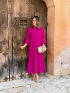 Andrea | Vestido comprido de gaze com folho assimétrico em buganvília