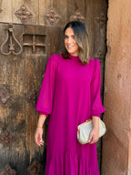 Andrea | Vestido comprido de gaze com folho assimétrico em buganvília
