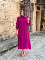 Andrea | Vestido comprido de gaze com folho assimétrico em buganvília