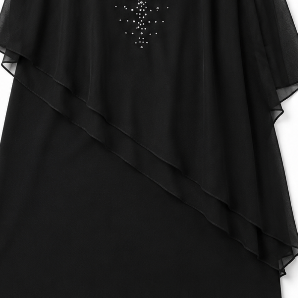 Joaquina | Vestido Midi de Convidada com Capa de Gaze e Decote em V