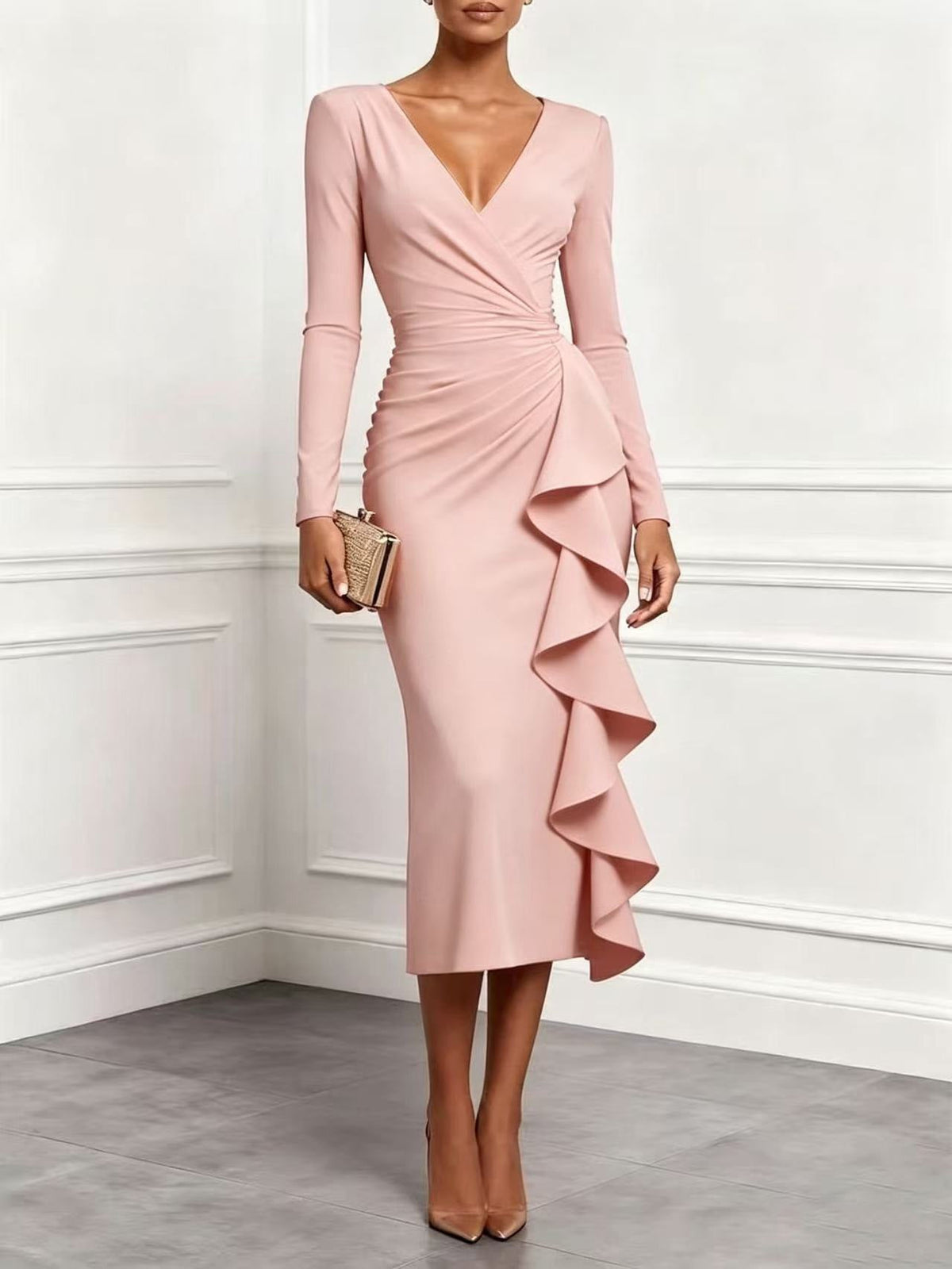 Florencia | Vestido Midi Cruzado com Folhos e Manga Comprida