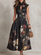 Vestido midi de cetim plissado preto com decote em forma de gota e estampado floral