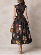 Vestido midi de cetim plissado preto com decote em forma de gota e estampado floral