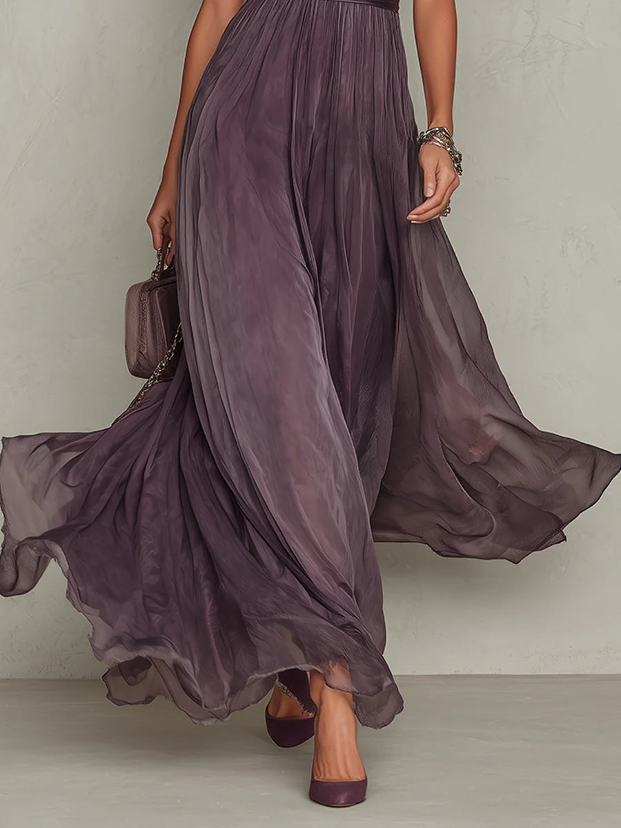 Flavia • Vestido comprido roxo com decote em forma de chave, de chiffon com debrum de renda