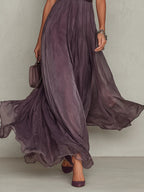 Flavia • Vestido comprido roxo com decote em forma de chave, de chiffon com debrum de renda