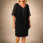Joaquina | Vestido Midi de Convidada com Capa de Gaze e Decote em V