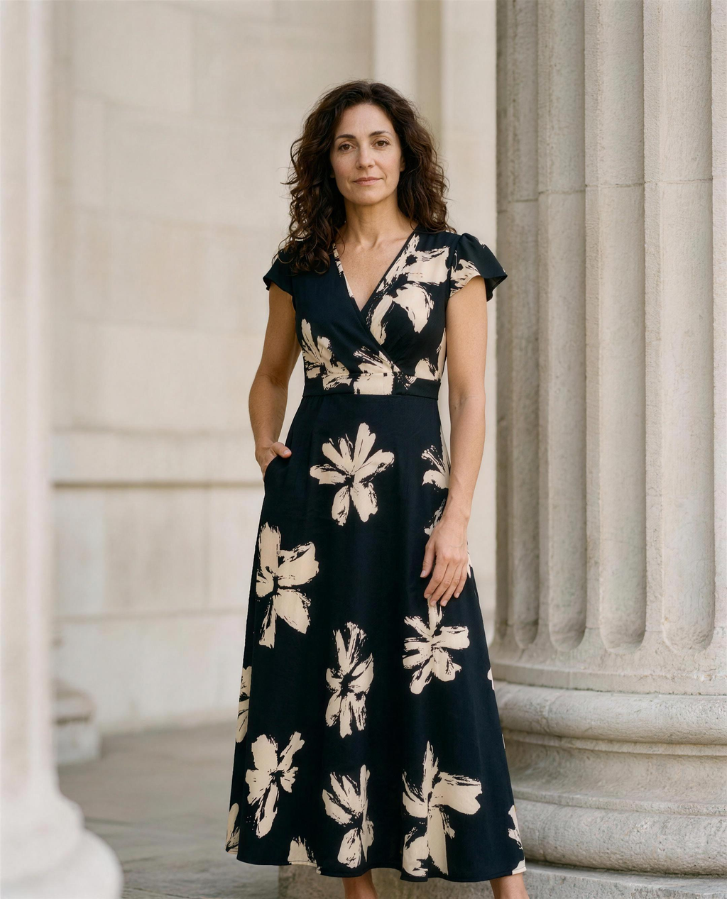 VITTORIA - Vestido estampado de escote en V con volantes para mujer