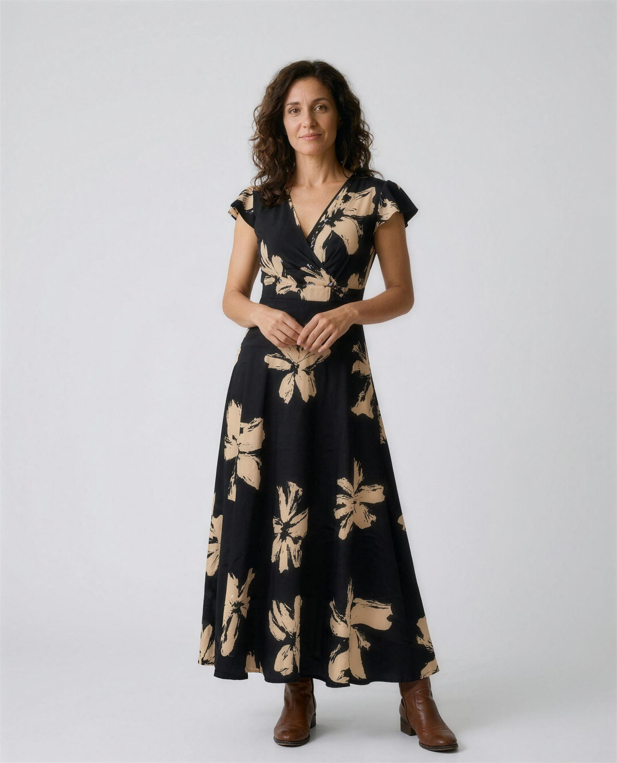 VITTORIA - Vestido estampado de escote en V con volantes para mujer