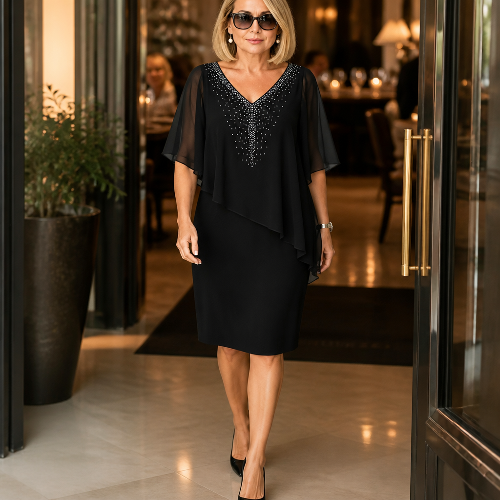 Joaquina | Vestido Midi de Convidada com Capa de Gaze e Decote em V