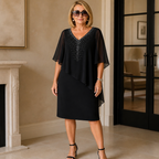 Joaquina | Vestido Midi de Convidada com Capa de Gaze e Decote em V