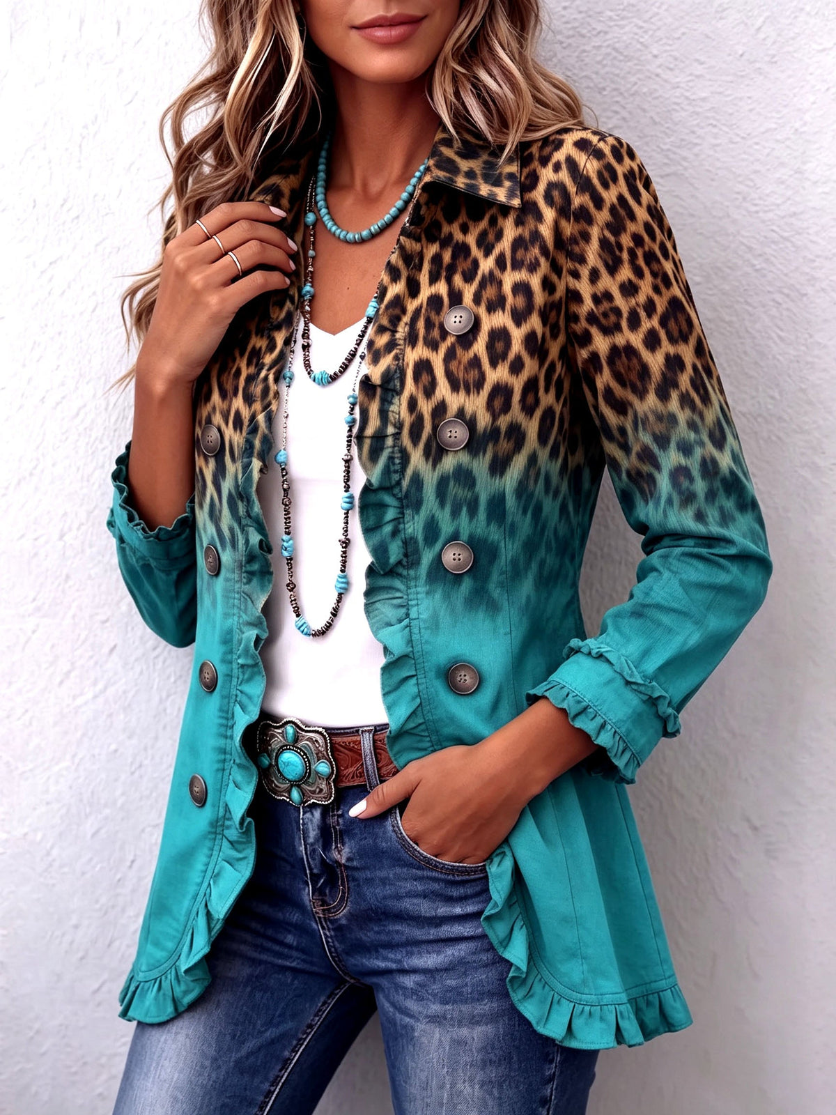 Chaqueta blazer leopardo degradado con volantes Herminia