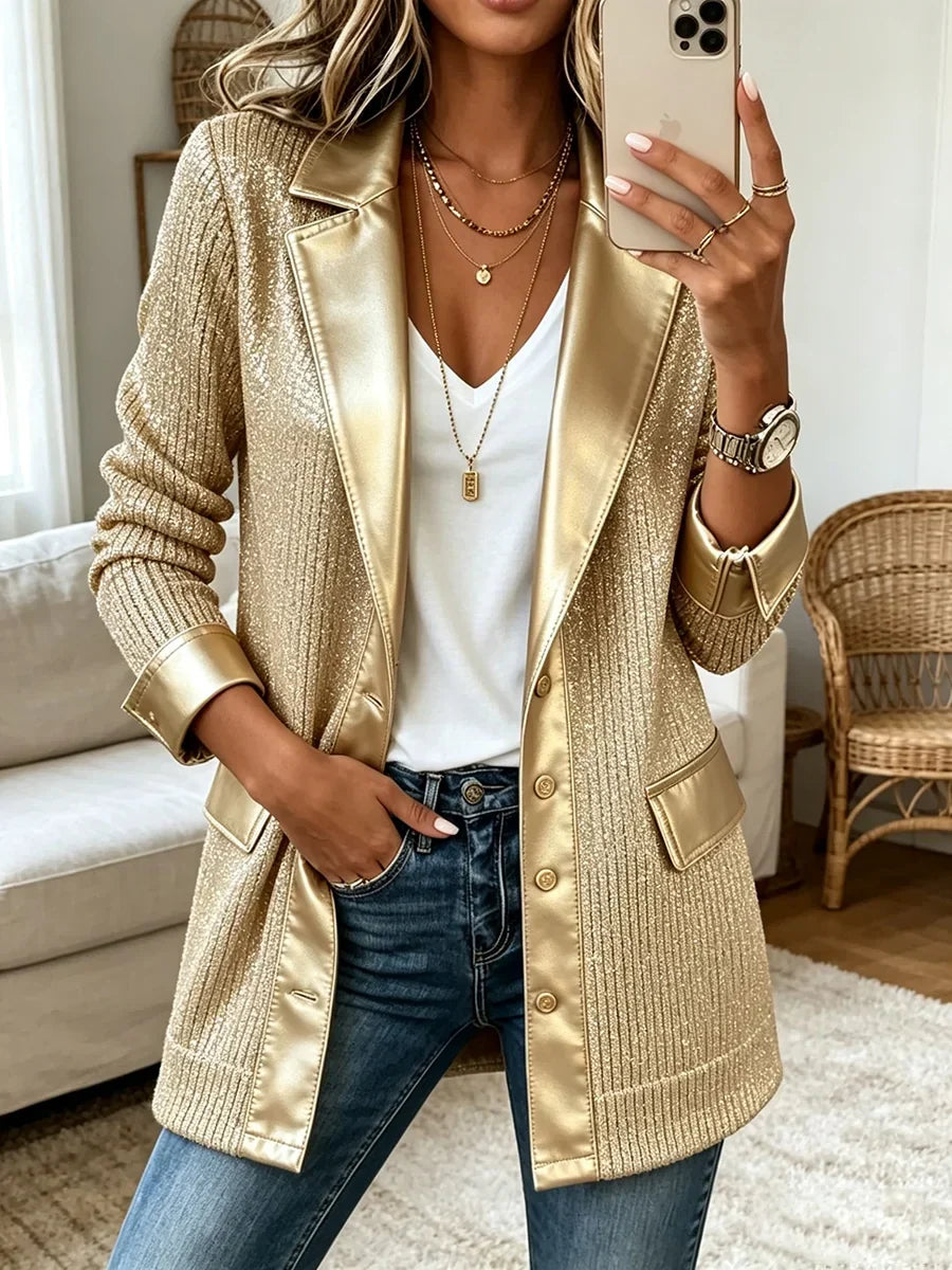 Blazer de malha dourada com debruns em pele sintética Aurora
