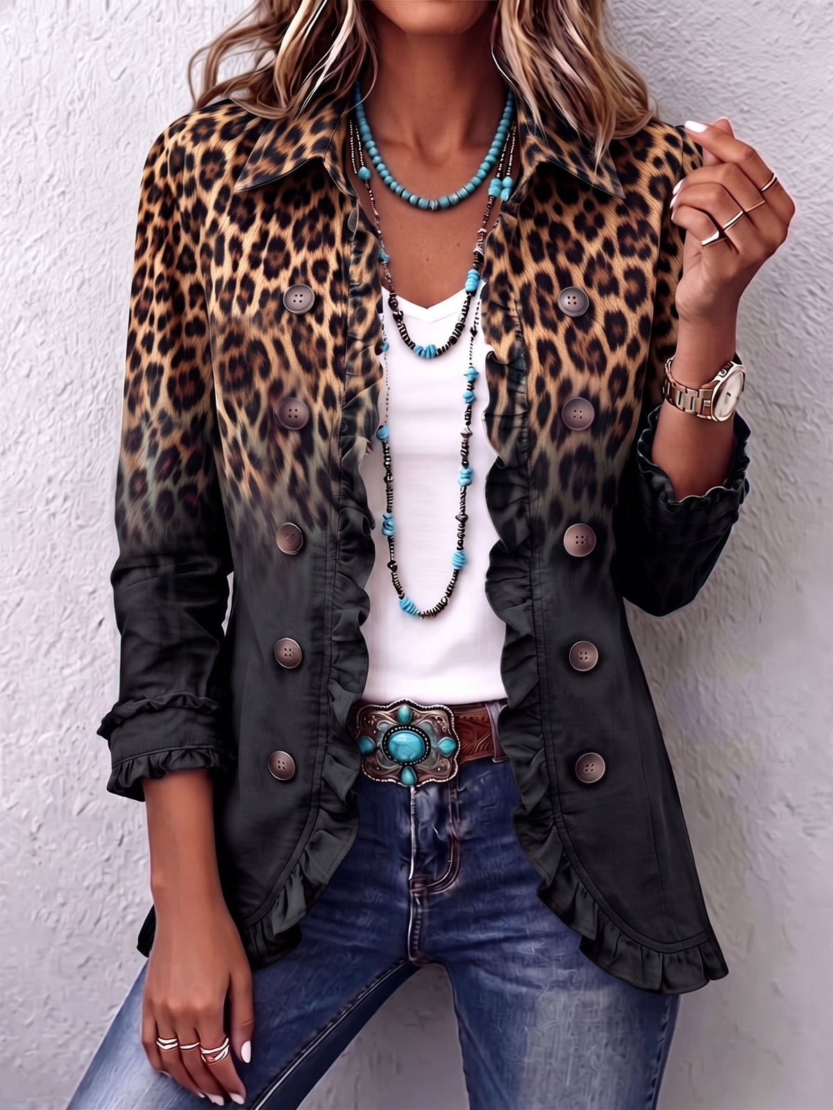 Blazer preto de leopardo com folhos Águeda