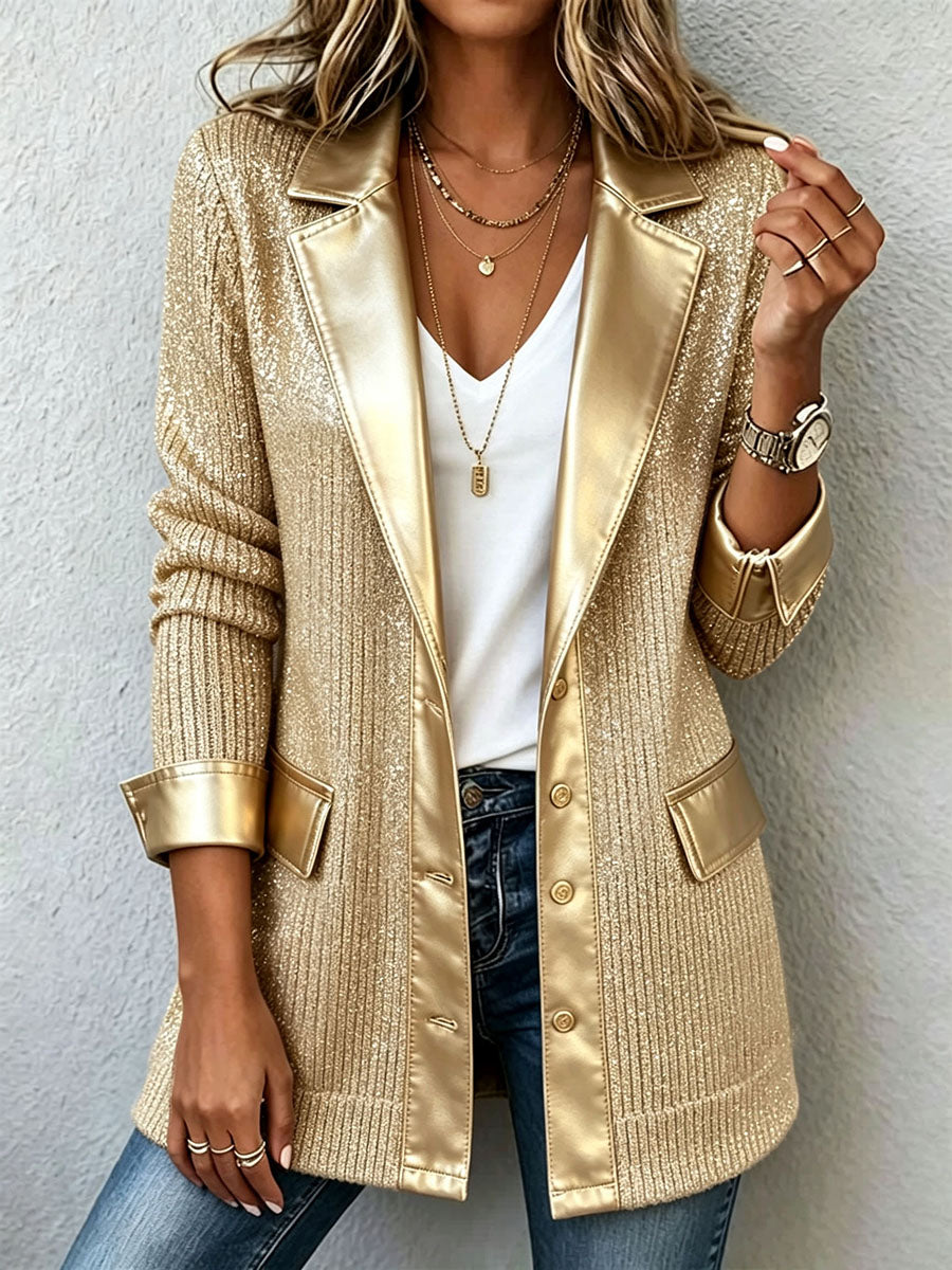 Blazer de malha dourada com debruns em pele sintética Aurora