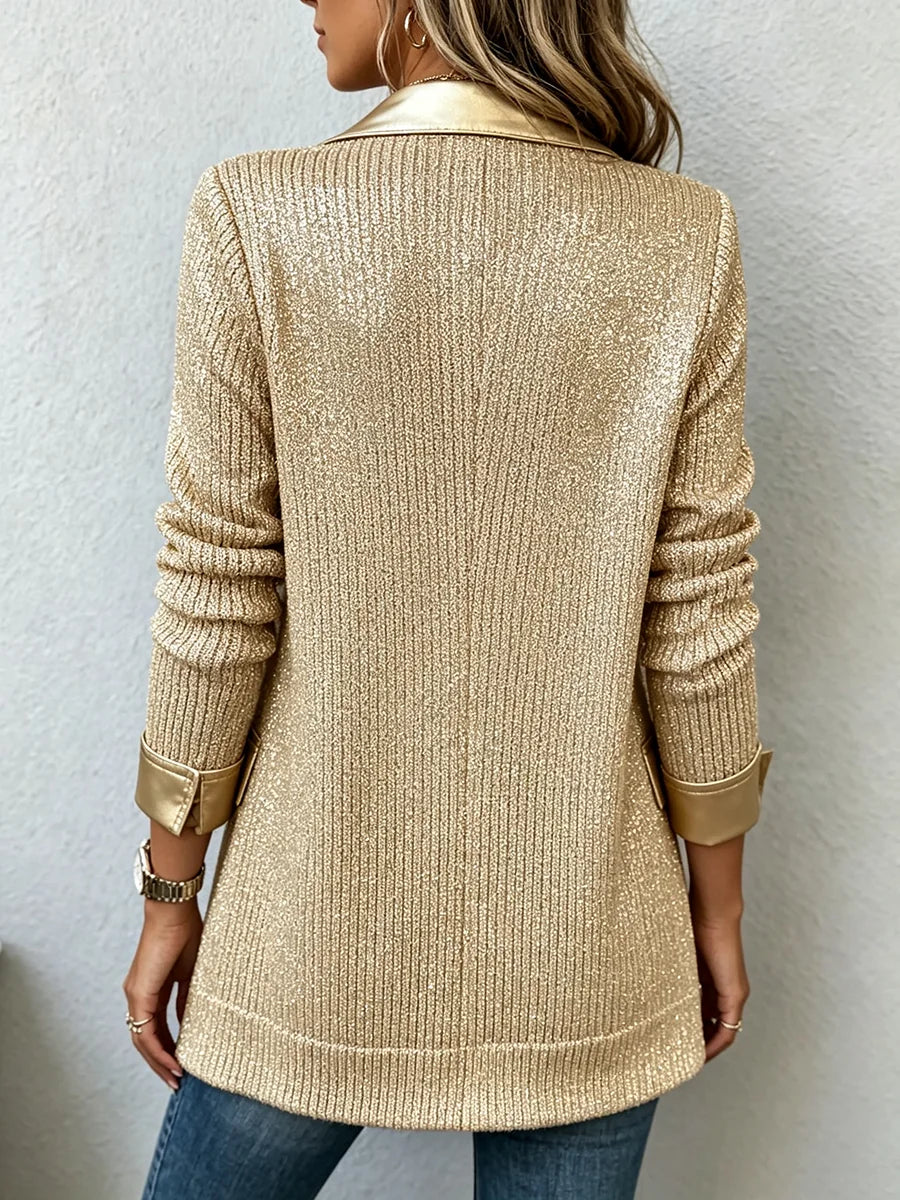 Blazer de malha dourada com debruns em pele sintética Aurora