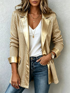 Blazer de punto dorado con ribetes de polipiel Aurora
