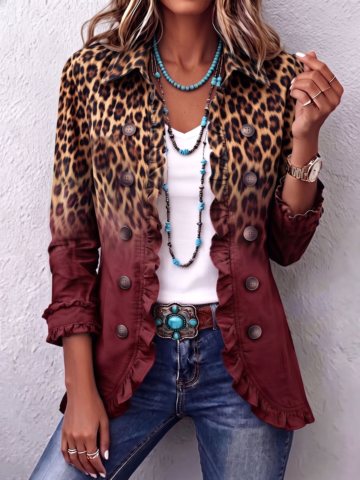 Blazer leopardo bordô com folhos Bernarda